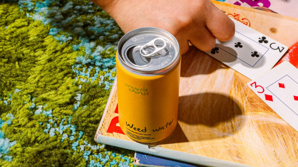 Pineapple Express Weed Water THC drink on a retro table setting in New York.